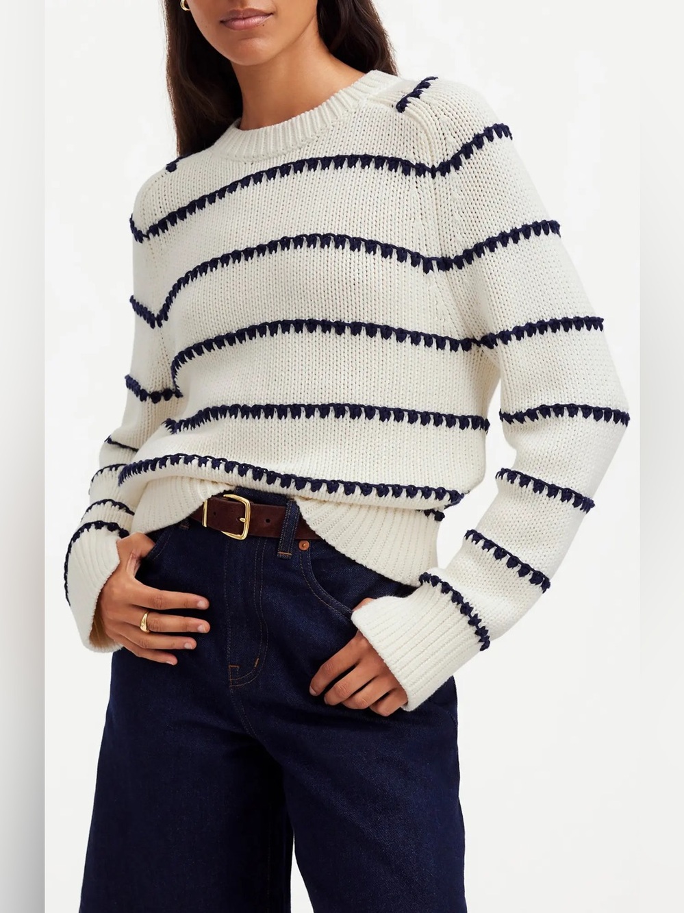 Madewell Textured Cotton Crewneck Sweater Bright Ivory Navy Stripe size Small